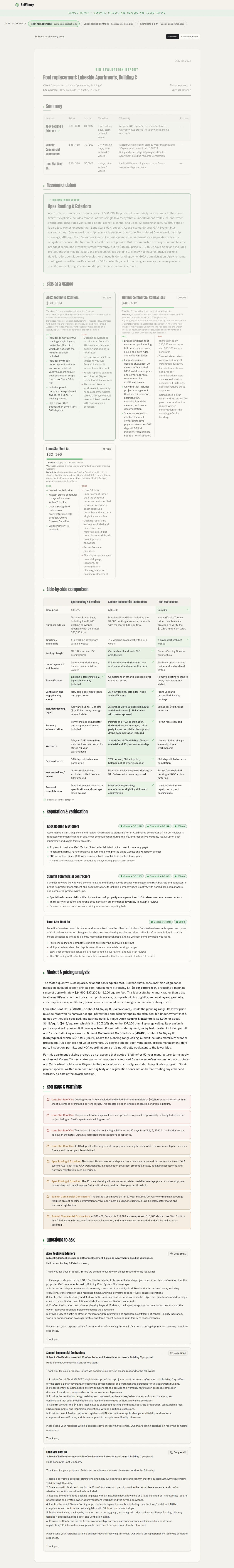 BidVisory sample report focused on its recommendation and bid comparison