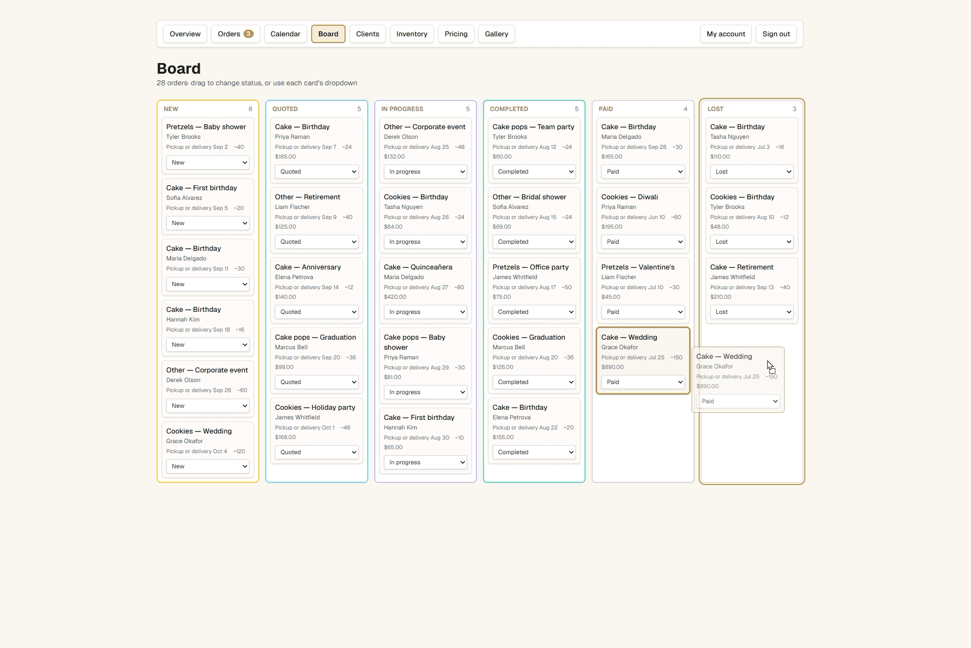 Six-column order board with seeded demo orders moving from new to quoted, in progress, completed, paid, or lost