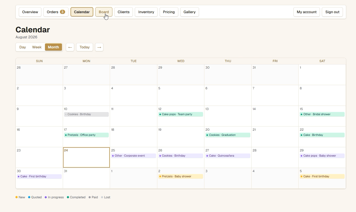 Monthly production calendar with seeded demo orders colored by workflow status