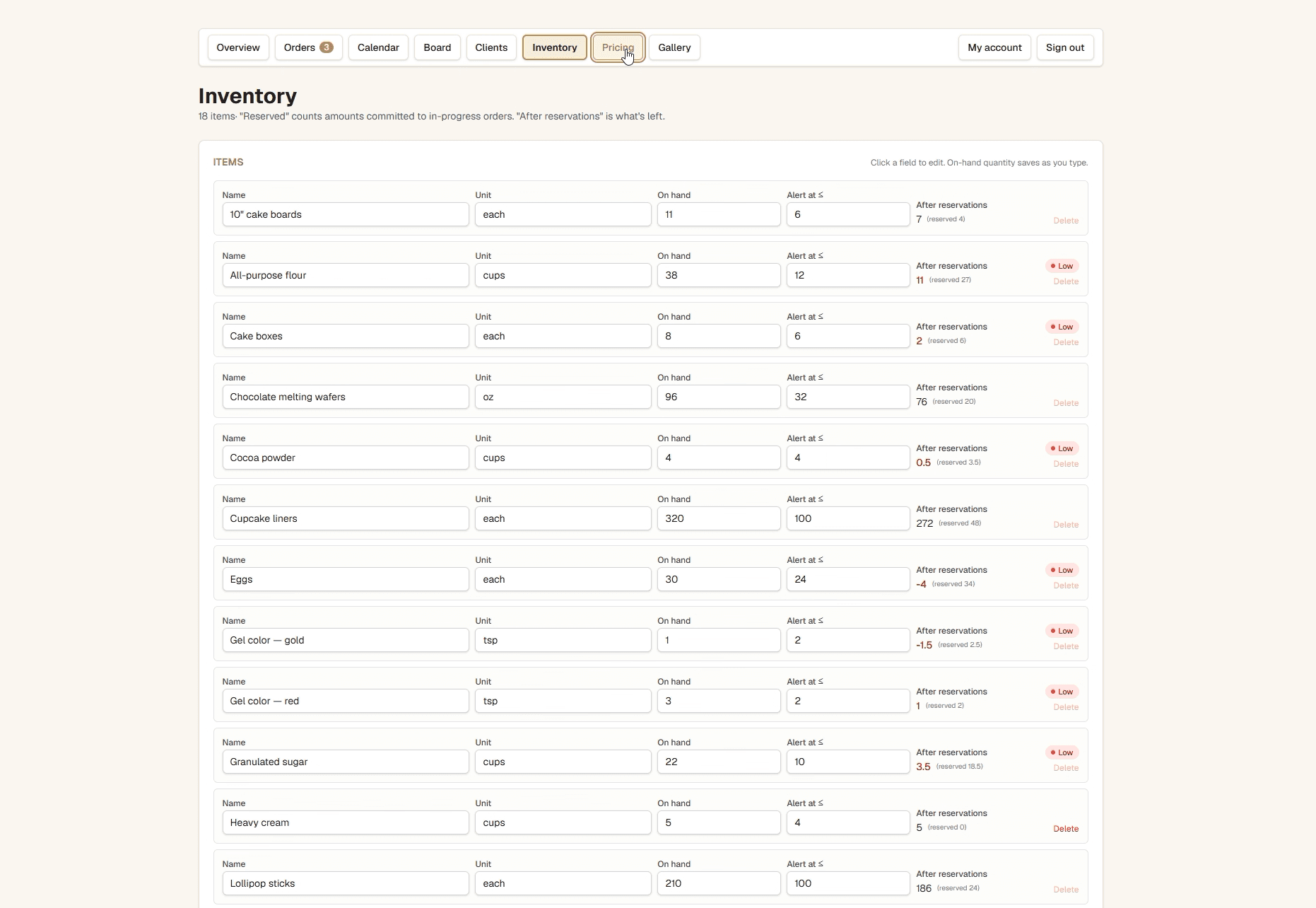 Reservation-aware bakery inventory with on-hand amounts, alert thresholds, committed quantities, and low-stock indicators