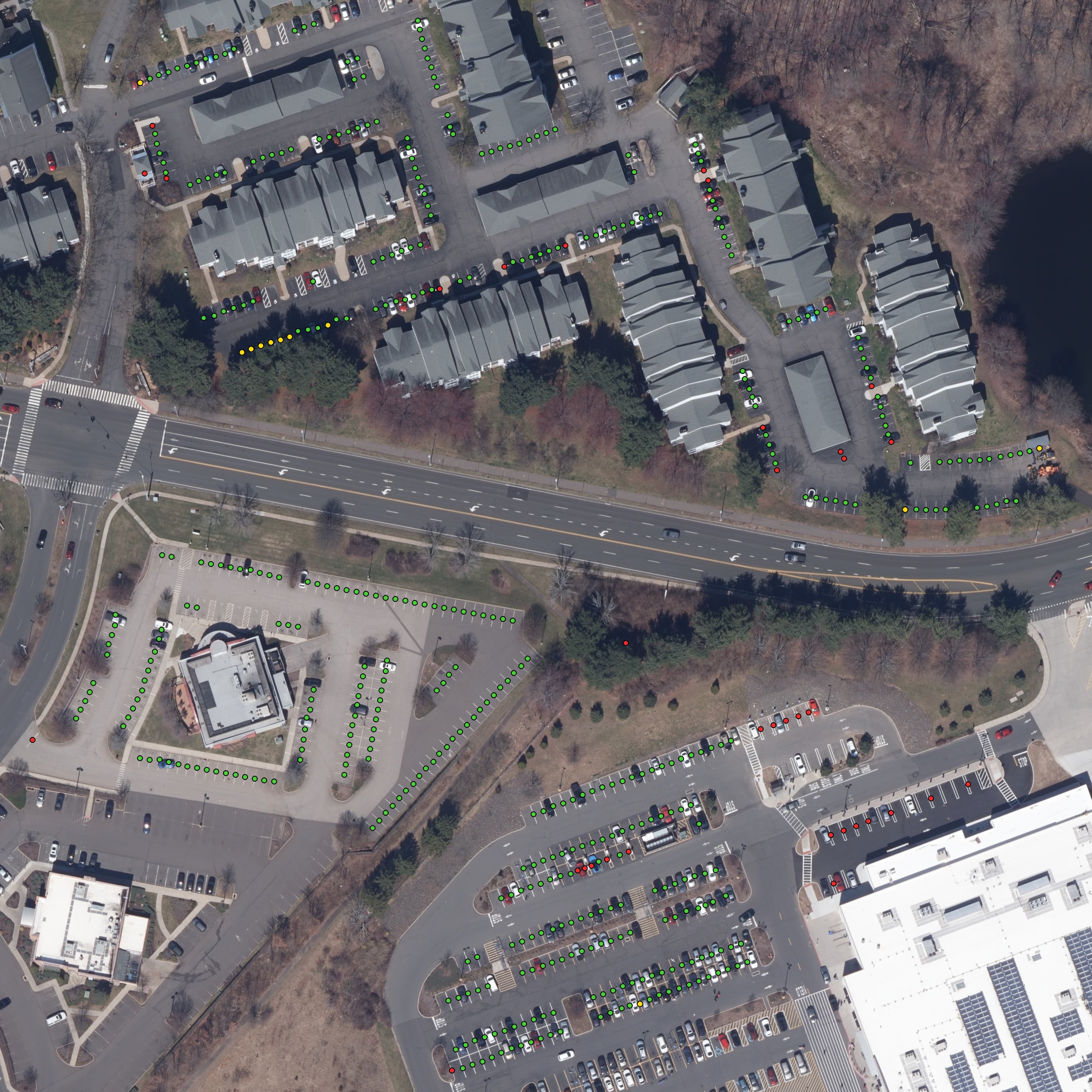 Golden-property model review showing false detections near curbs, buildings, and tree edges
