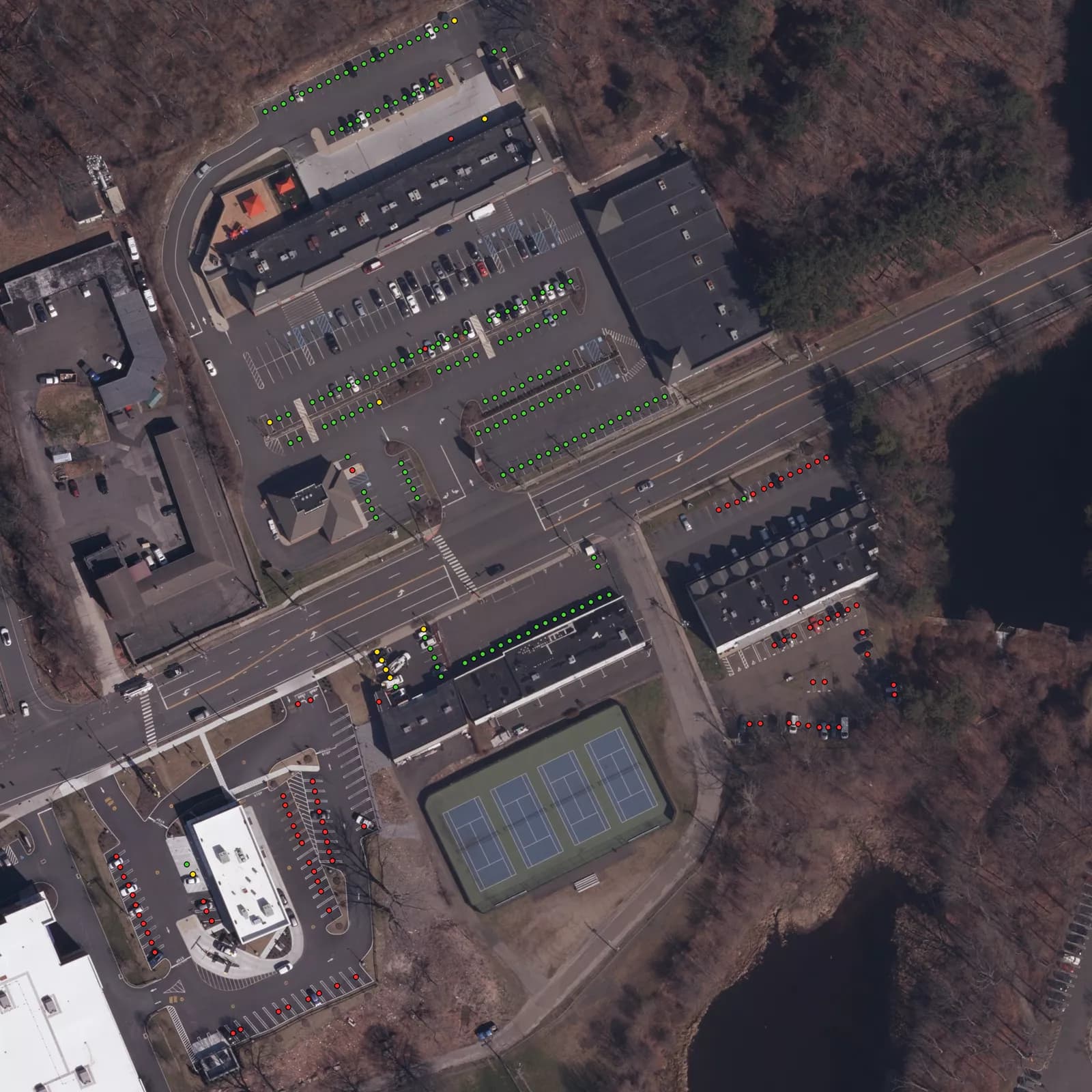 Model review image showing mixed correct, missed, and false stall detections on a complex property