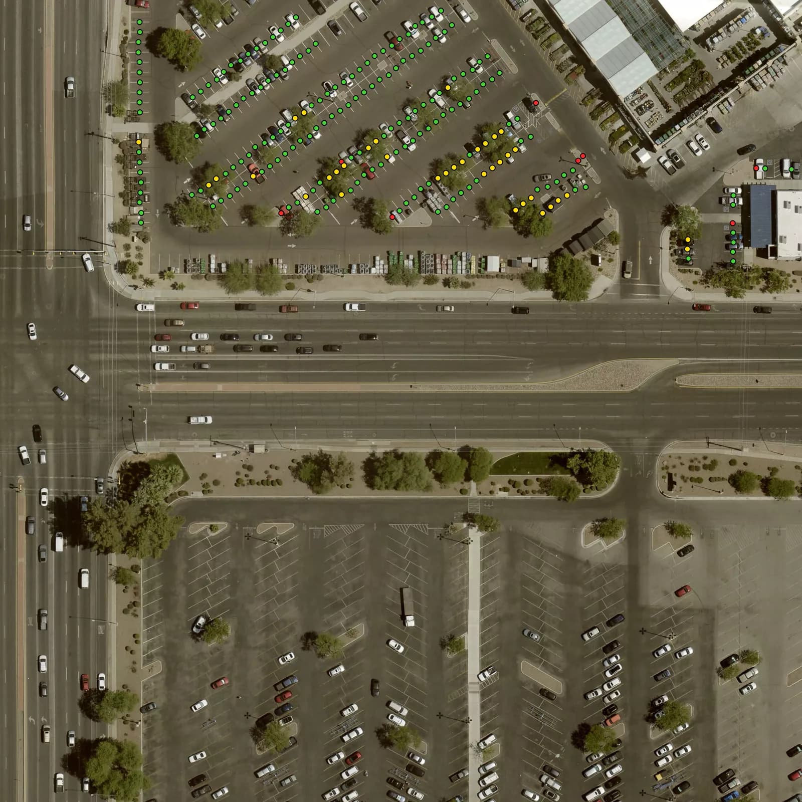 Model review image showing parking rows interrupted by cars, trees, and shadows