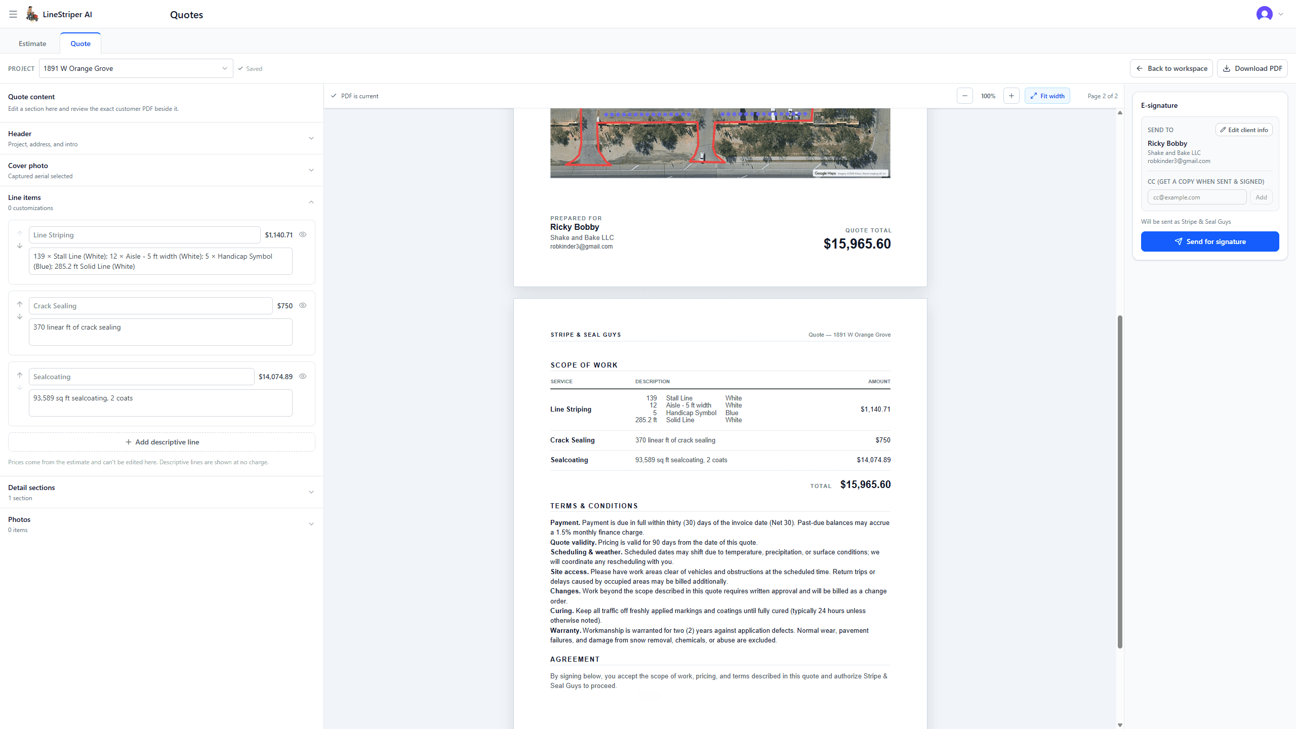 LineStriper AI three-pane quote workspace with line items, live PDF preview, and e-signature controls