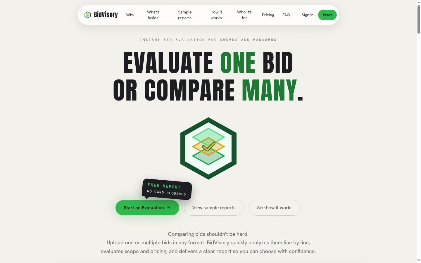 BidVisory landing page: Evaluate one bid or compare many
