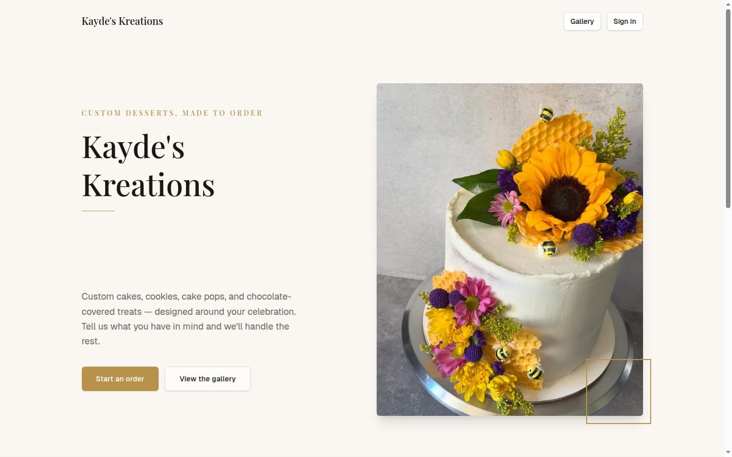Kayde's Kreations website: custom cakes, cookies, and treats