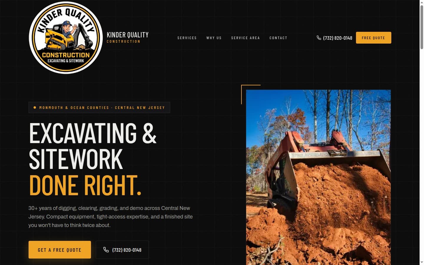 Kinder Quality Construction website hero: excavating and sitework in Monmouth County, NJ