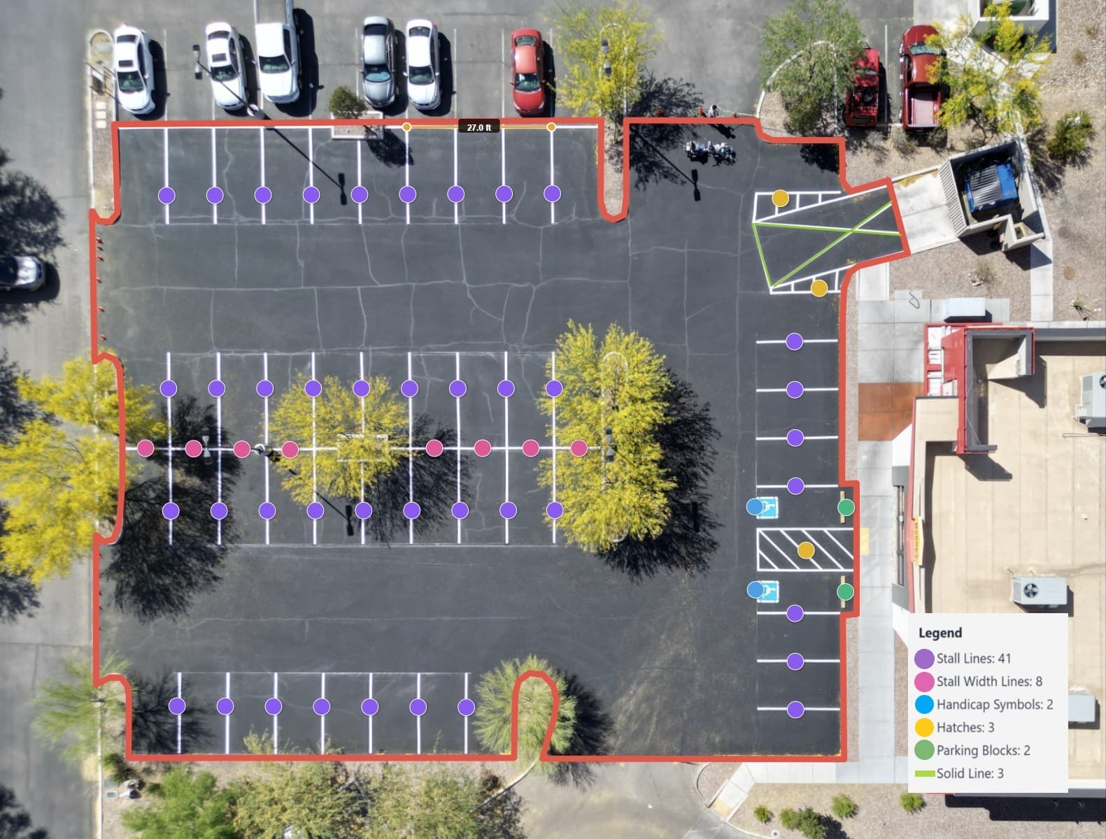 Aerial photo of a parking lot with ML-detected stall lines, handicap symbols, and hatches marked by colored dots and a legend